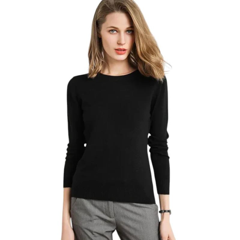 Pull Femme Laine Mérinos Col Rond Manches Longues Ajusté