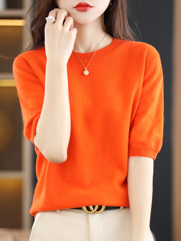 Pull Femme Laine Mérinos Manches Courtes Classique 12