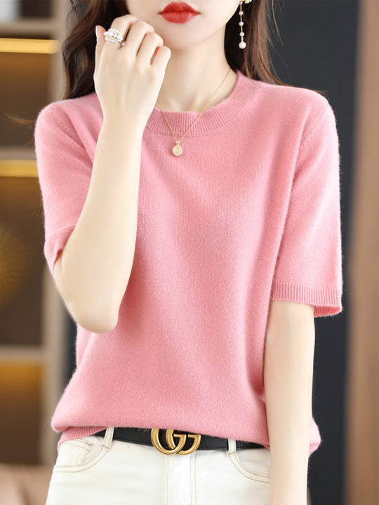 Pull Femme Laine Mérinos Manches Courtes Classique 13