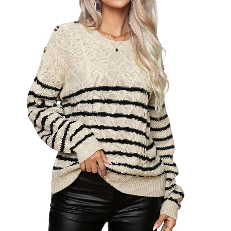Pull Femme Rayé Chic avec Détails de Boutons 0
