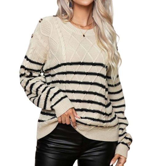 Pull Femme Rayé Chic avec Détails de Boutons 0