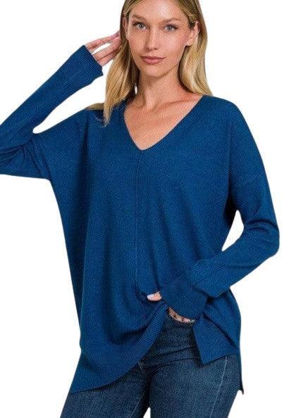 Pull Femme Tunique Manches Longues Col V Tissu Doux 3