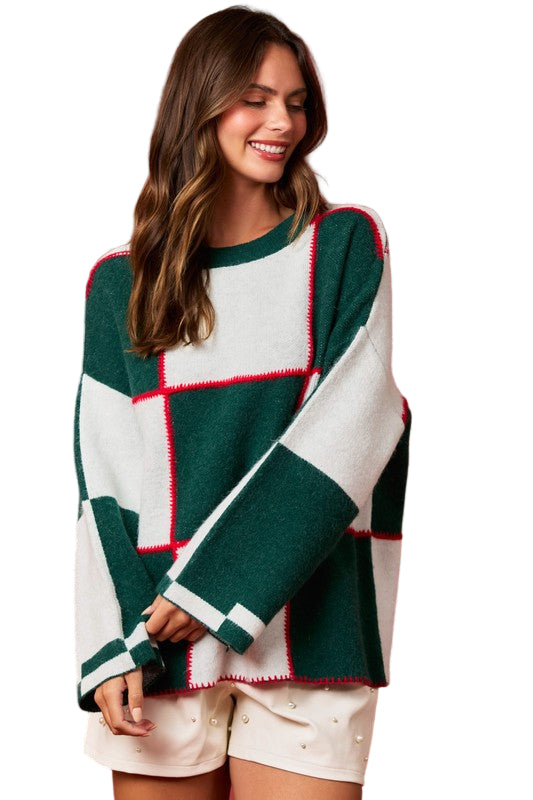 Pull Femme à Col Bloqué en Tricot Vert et Blanc 0