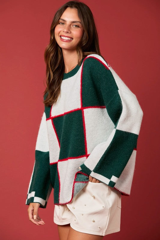 Pull Femme à Col Bloqué en Tricot Vert et Blanc 2