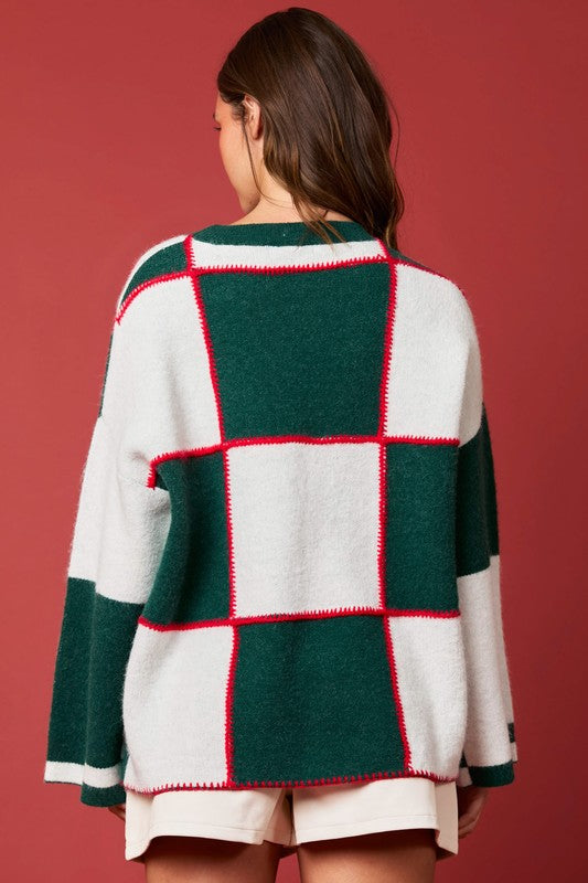 Pull Femme à Col Bloqué en Tricot Vert et Blanc 3