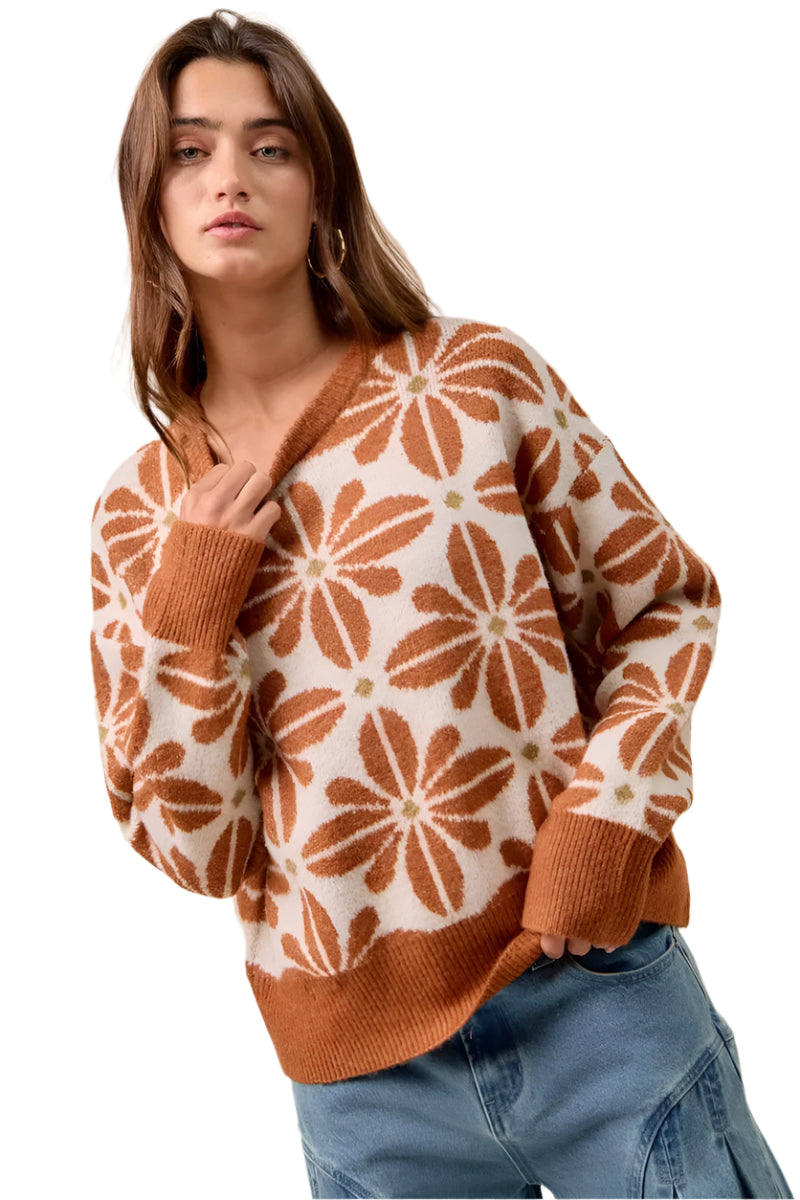 Pull Femme à Manches Longues Motif Floral Acrylique Décontracté 0