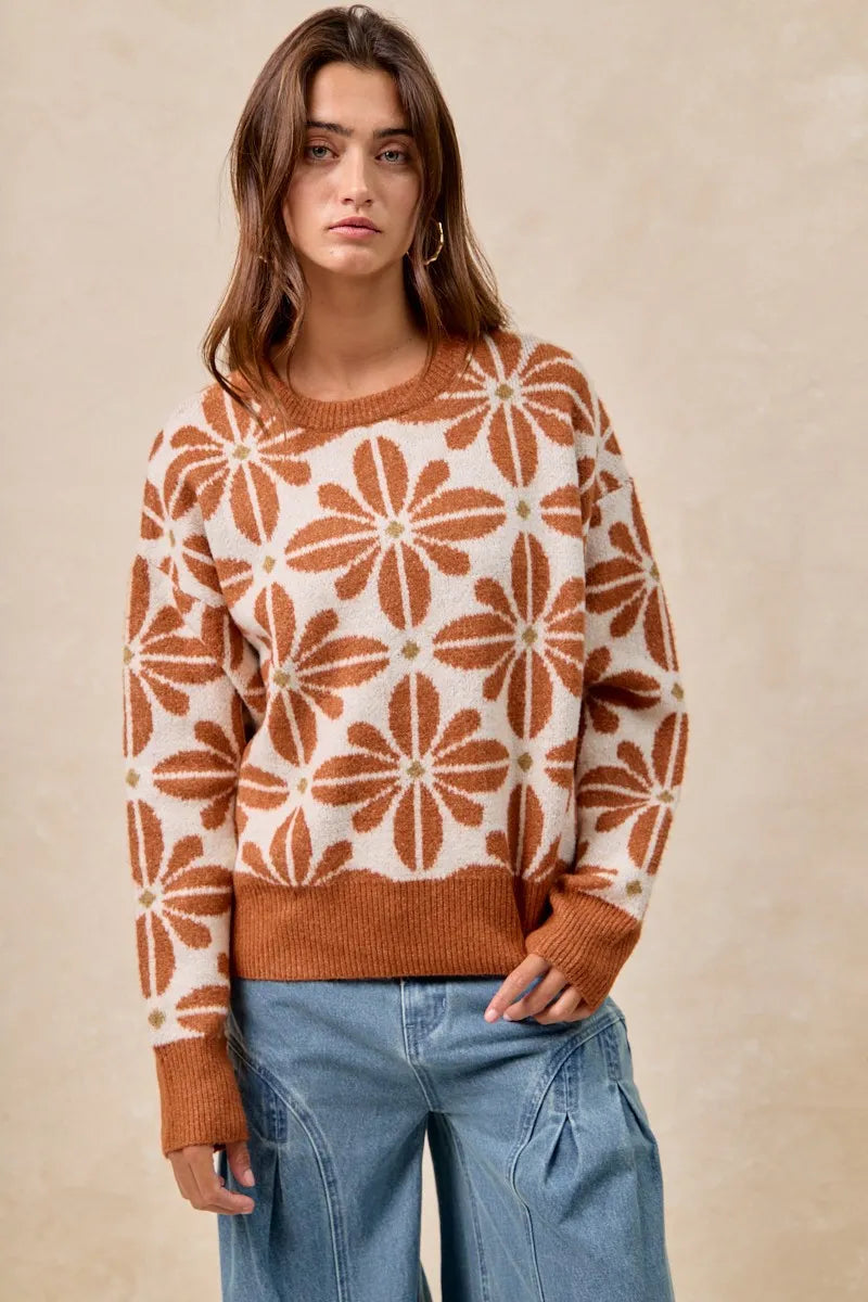 Pull Femme à Manches Longues Motif Floral Acrylique Décontracté 1