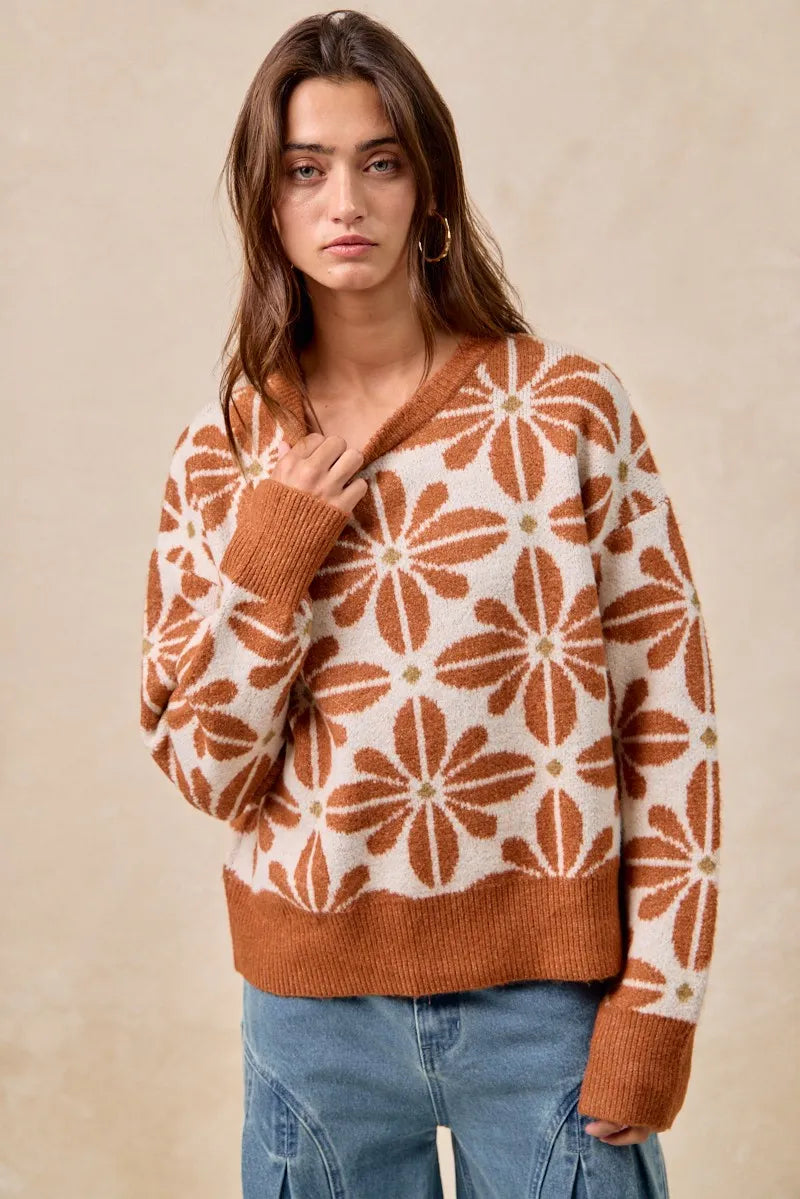 Pull Femme à Manches Longues Motif Floral Acrylique Décontracté 2