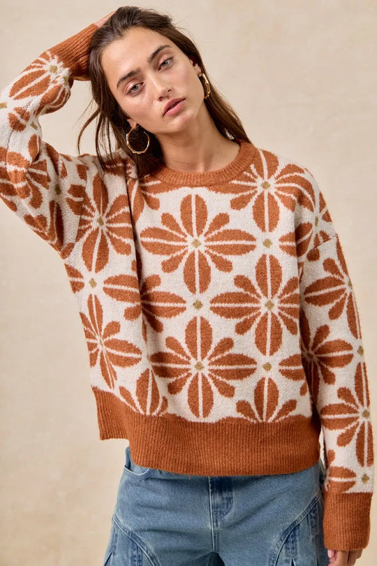 Pull Femme à Manches Longues Motif Floral Acrylique Décontracté 3