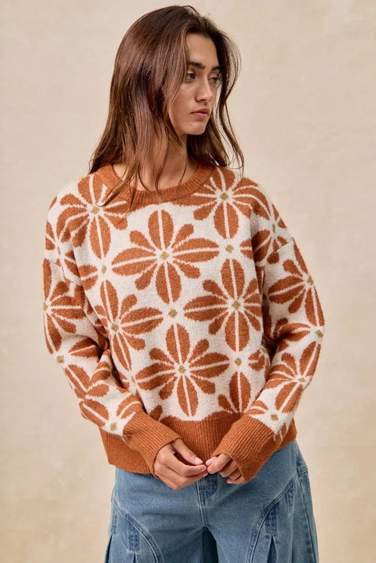 Pull Femme à Manches Longues Motif Floral Acrylique Décontracté 4