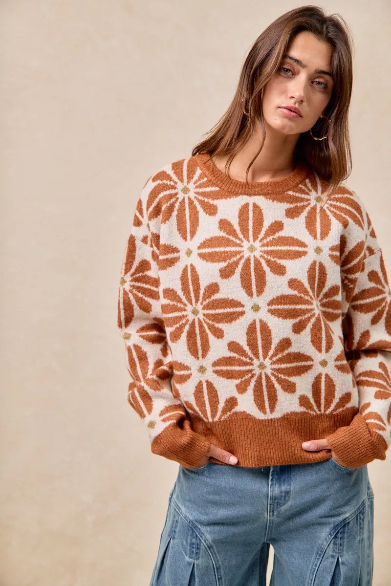 Pull Femme à Manches Longues Motif Floral Acrylique Décontracté 5