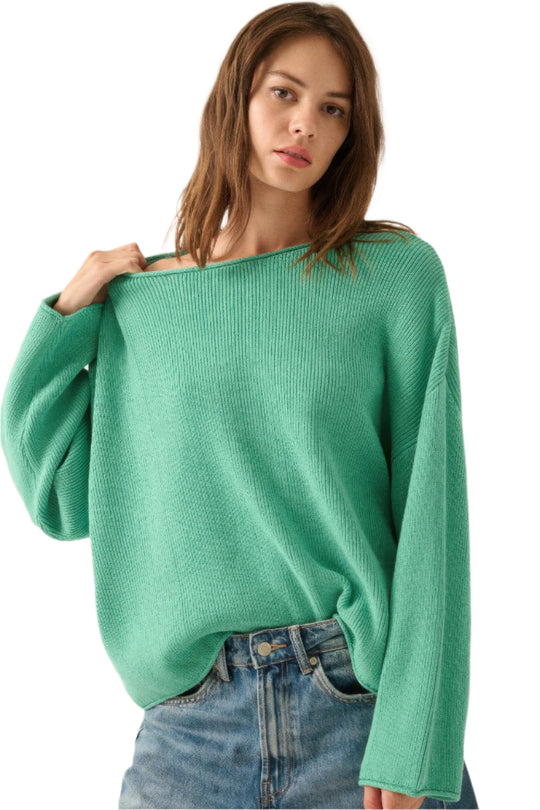 Pull Oversize à Col Bateau en Maille Côtelée pour Femme 0