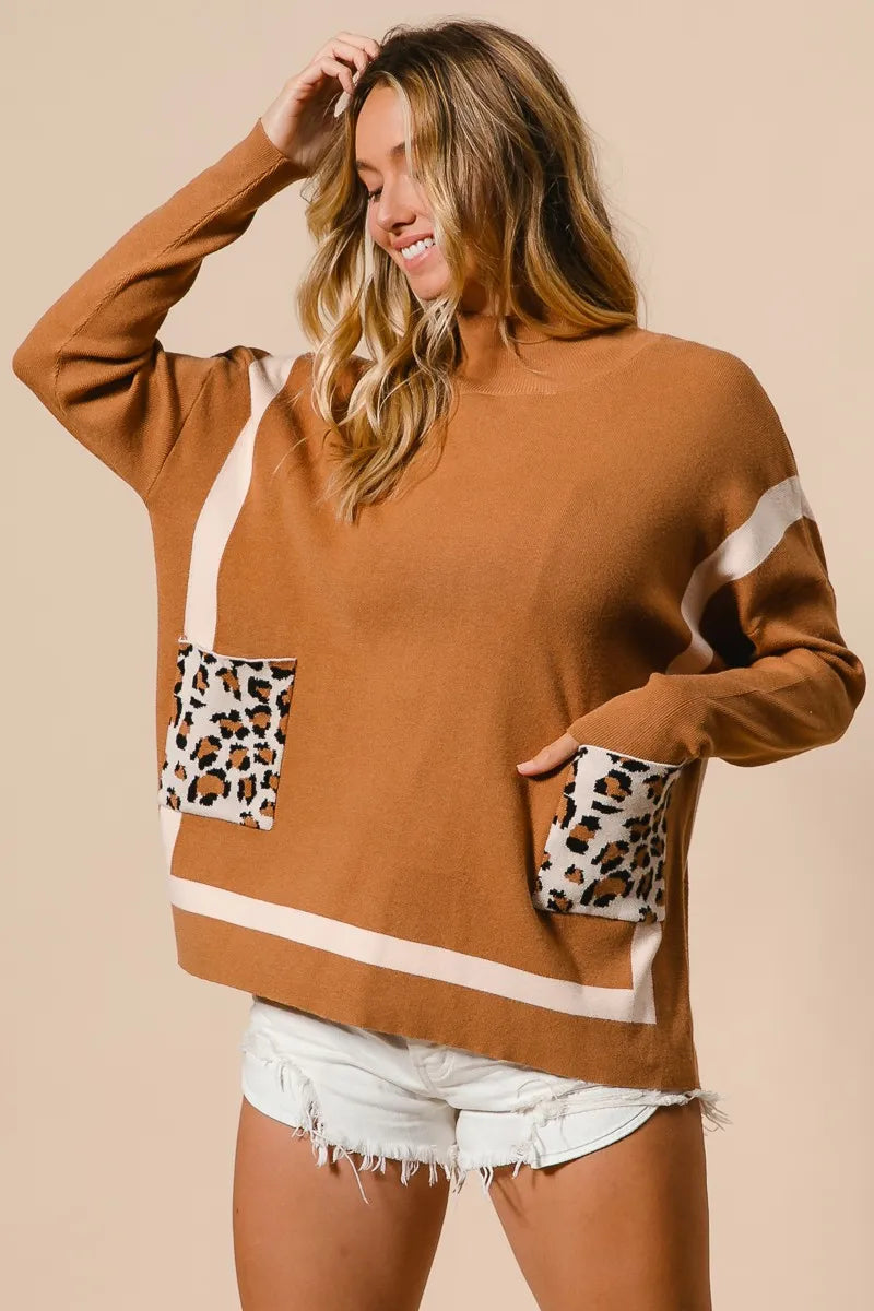 Pull à Col Montant pour Femme avec Poche Léopard 1