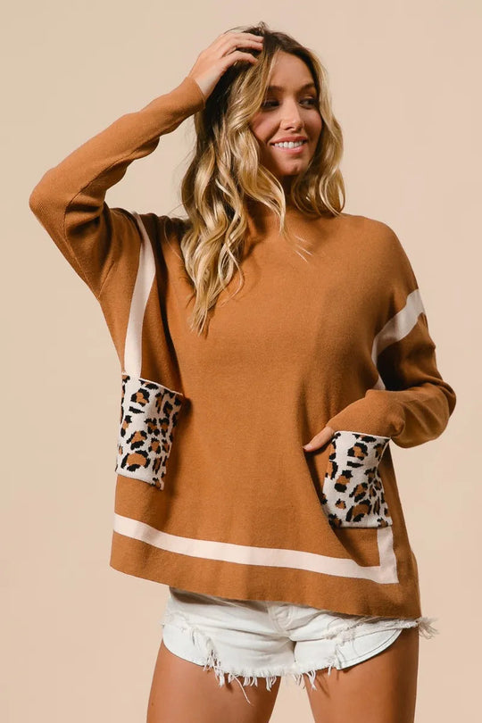 Pull à Col Montant pour Femme avec Poche Léopard 5