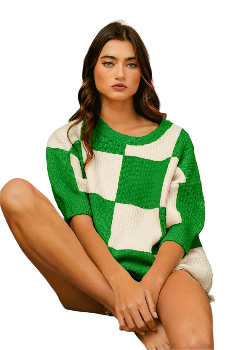 Pull à Col Rond à Motif Carreaux pour Femme 0