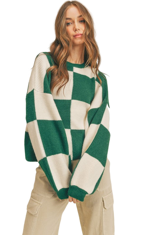 Pull à carreaux surdimensionné pour femme en vert 0