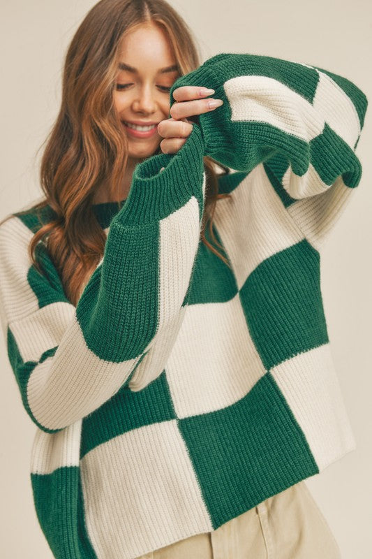 Pull à carreaux surdimensionné pour femme en vert 1