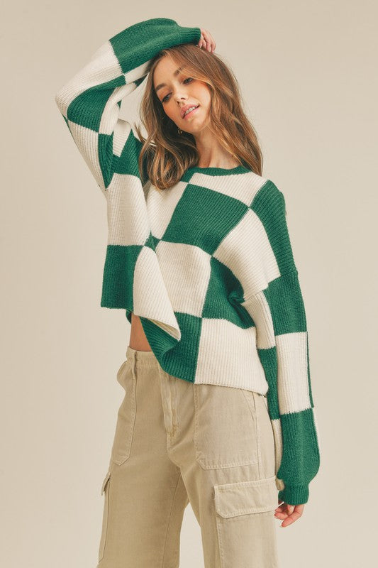 Pull à carreaux surdimensionné pour femme en vert 2