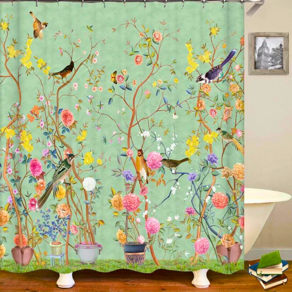 Rideau de Douche Imprimé Fleurs et Oiseaux pour Salle de Bain 0
