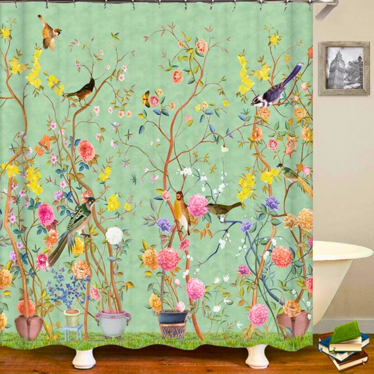 Rideau de Douche Imprimé Fleurs et Oiseaux pour Salle de Bain 0
