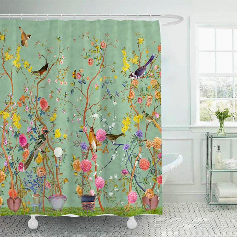 Rideau de Douche Imprimé Fleurs et Oiseaux pour Salle de Bain 1