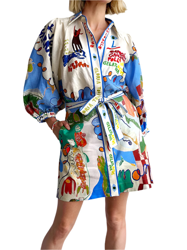 Robe Chemise Mini à Lacets en Lin Imprimé Graffiti pour Femme 0