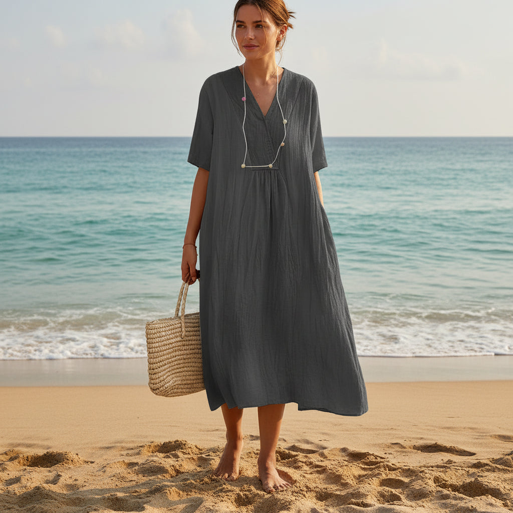 Robe D'été Femme Trapèze Col En V Avec Poches 4