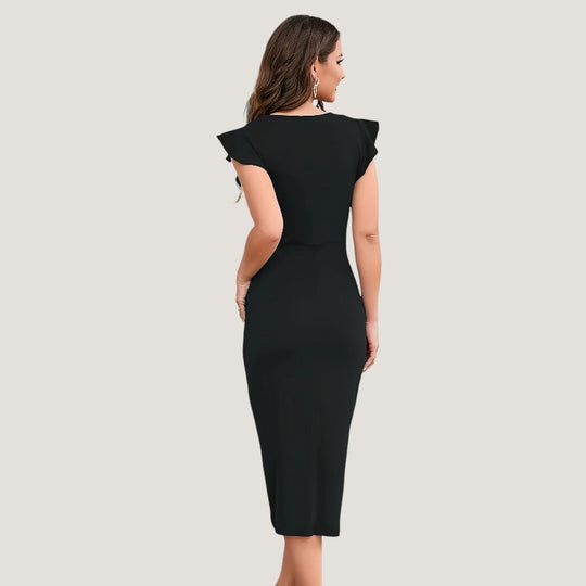 Robe Femme Col Croisé Manches Volantes Polyester Robe de Soirée Chic 3