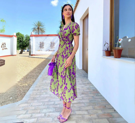 Robe Femme Imprimée à Manches Courtes en Mélange de Coton et Polyester 5