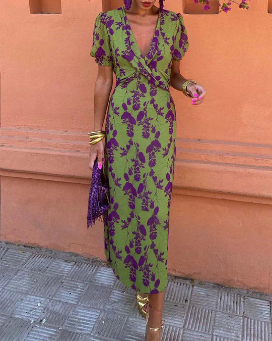 Robe Femme Imprimée à Manches Courtes en Mélange de Coton et Polyester 6
