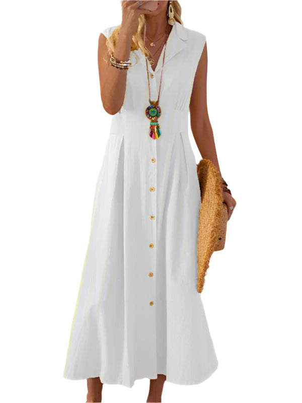 Robe Femme Mi-Longue Sans Manches Coton Lin Col Revers 0