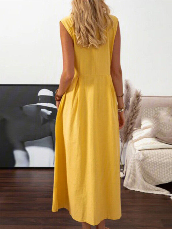 Robe Femme Mi-Longue Sans Manches Coton Lin Col Revers 1