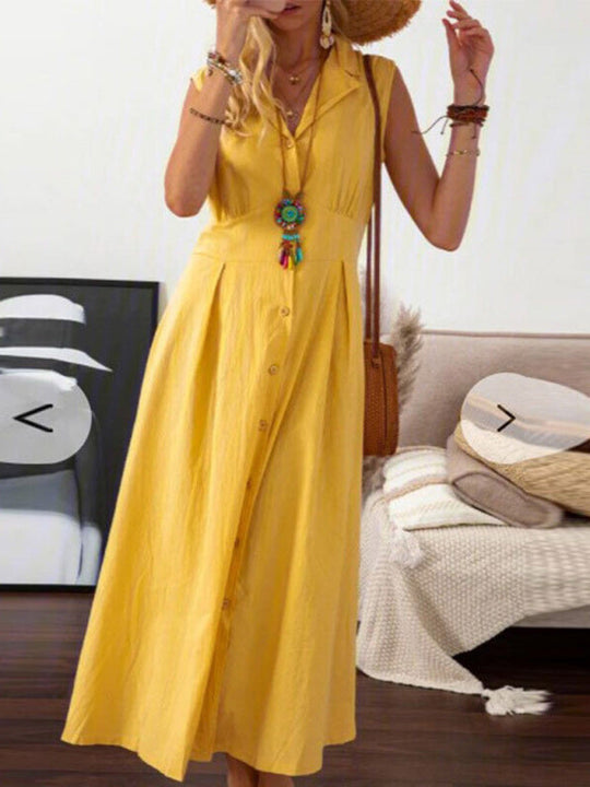 Robe Femme Mi-Longue Sans Manches Coton Lin Col Revers 2