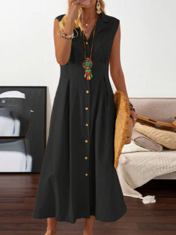 Robe Femme Mi-Longue Sans Manches Coton Lin Col Revers 4