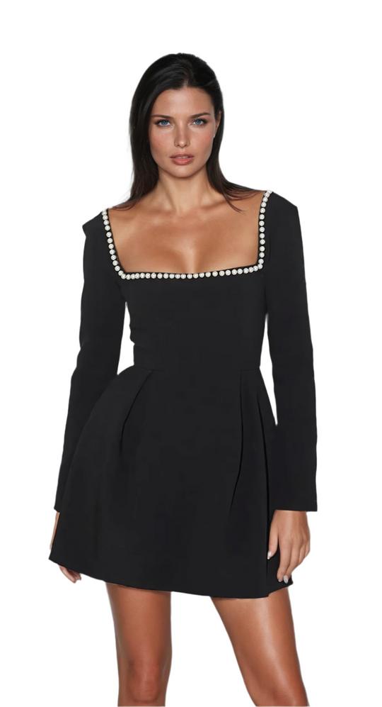 Robe Femme Mini à Manches Longues Détails en Perles Tissu Doux 0
