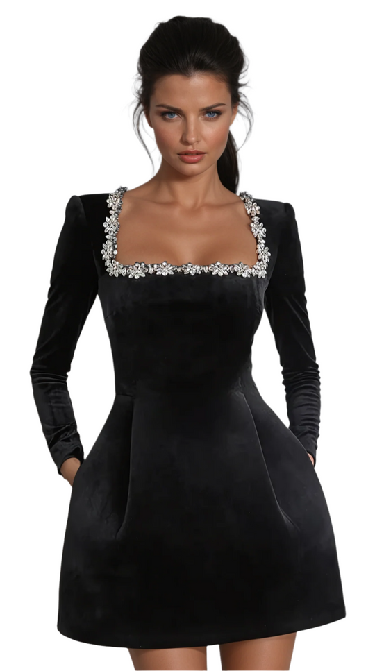 Robe Femme Mini en Velours Éclairée avec Embellissements Scintillants 0