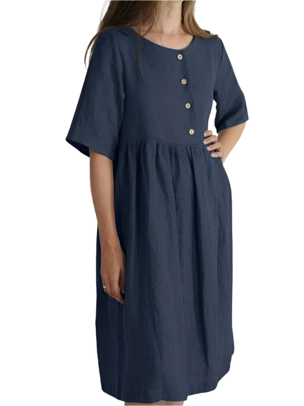 Robe Femme à Col Rond en Coton et Lin avec Poches 0