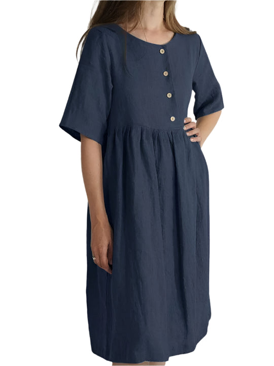 Robe Femme à Col Rond en Coton et Lin avec Poches 0