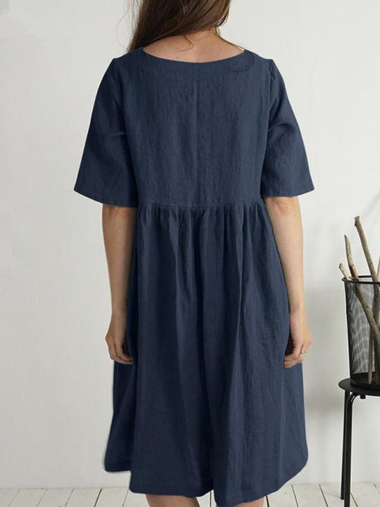 Robe Femme à Col Rond en Coton et Lin avec Poches 1