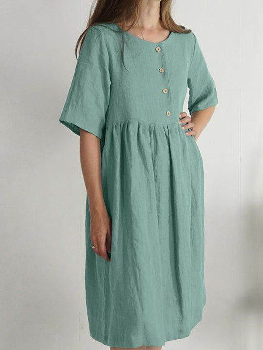 Robe Femme à Col Rond en Coton et Lin avec Poches 2