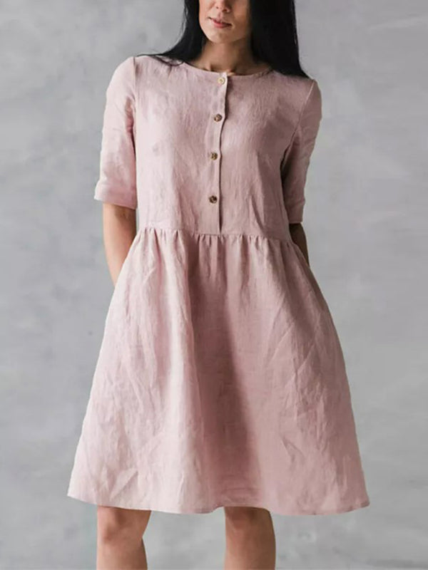 Robe Femme à Col Rond en Coton et Lin avec Poches 3