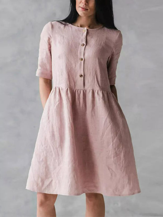 Robe Femme à Col Rond en Coton et Lin avec Poches 3
