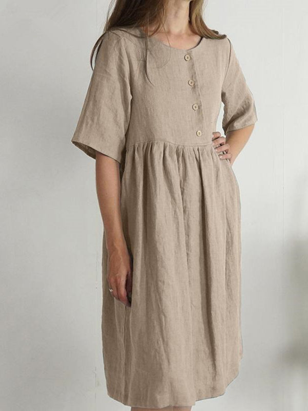 Robe Femme à Col Rond en Coton et Lin avec Poches 4