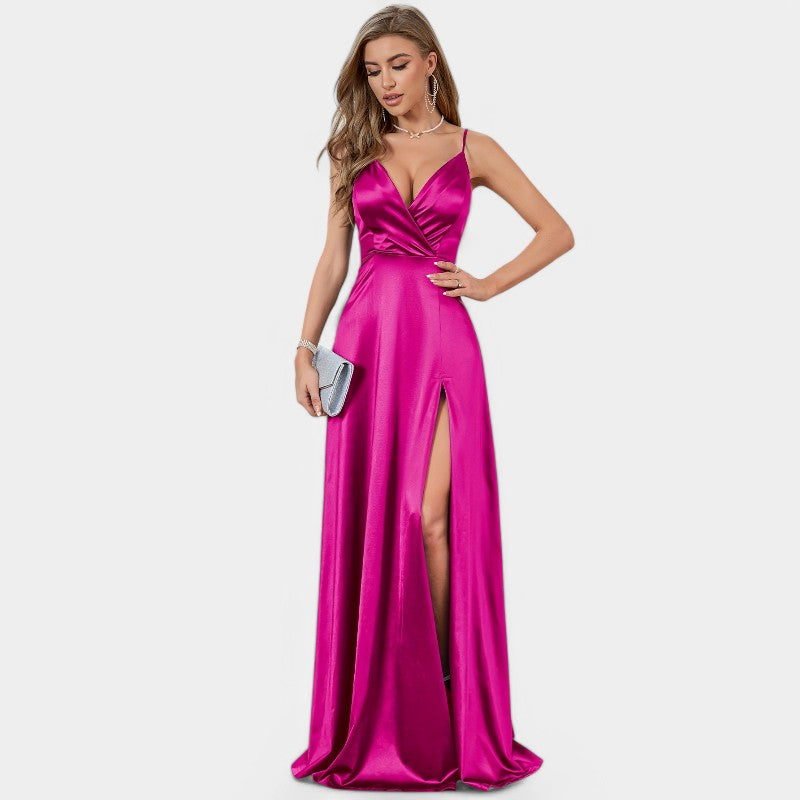Robe Formelle Femme Encolure V Satin Longue Fente Haute 1