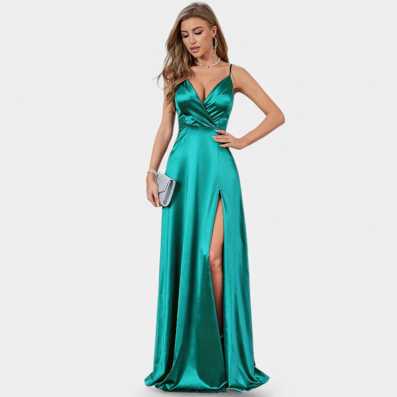 Robe Formelle Femme Encolure V Satin Longue Fente Haute 2