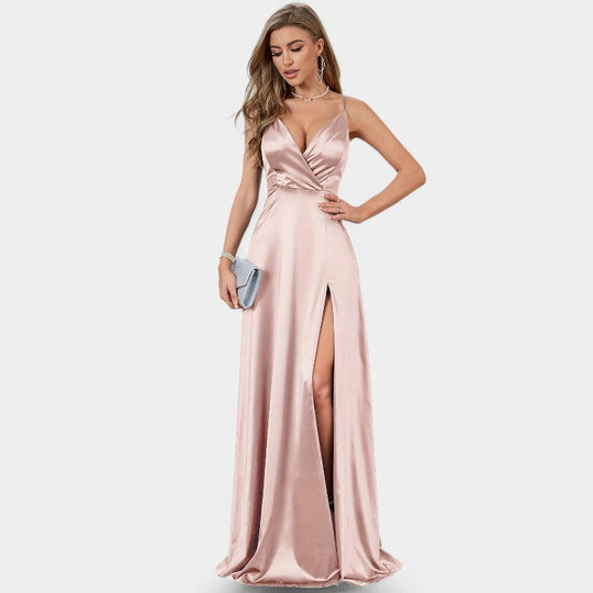 Robe Formelle Femme Encolure V Satin Longue Fente Haute 3
