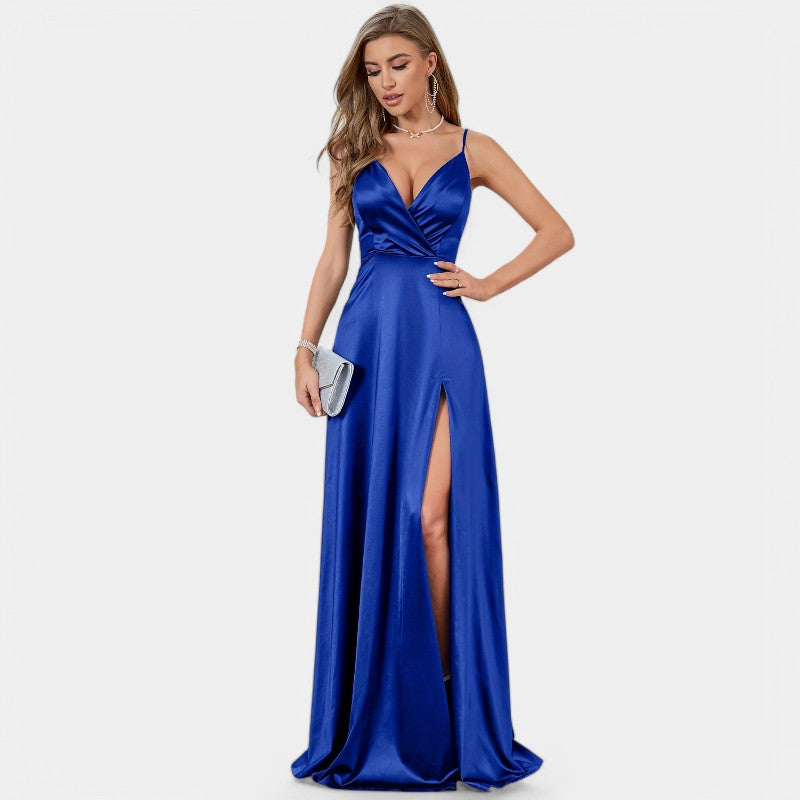 Robe Formelle Femme Encolure V Satin Longue Fente Haute 4