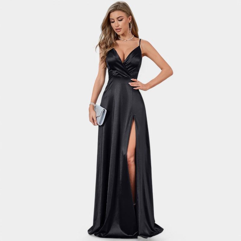 Robe Formelle Femme Encolure V Satin Longue Fente Haute 5