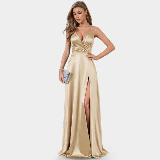 Robe Formelle Femme Encolure V Satin Longue Fente Haute 6