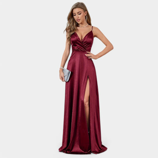 Robe Formelle Femme Encolure V Satin Longue Fente Haute 8